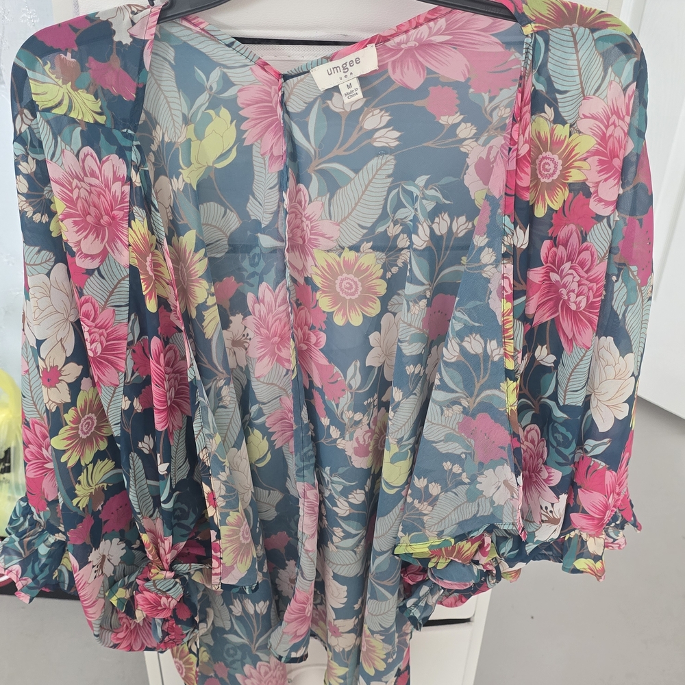 Umgee Women's Floral Sheer Kimono Top - Pink and Blue